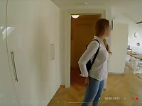 Diminutive boobed, Russian platinum-blonde is gargling her roomy's fuckpole the way he loves the most